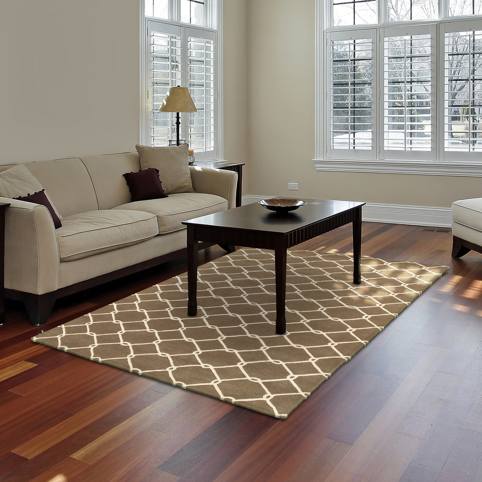 Design ideas for a contemporary living room in Other with beige walls, medium hardwood flooring and brown floors.