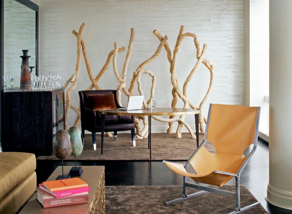 Inspiration for a contemporary open concept dark wood floor living room remodel in New York with a bar and beige walls