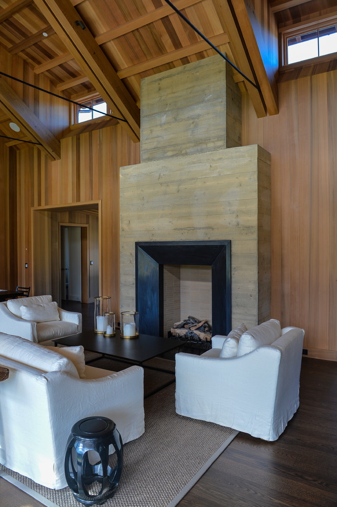 Photo of a medium sized rustic formal open plan living room in San Francisco with brown walls, dark hardwood flooring, a standard fireplace, brown floors, a wooden fireplace surround and no tv.