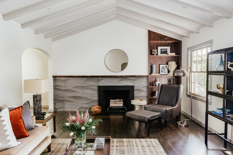 Inspiration for a medium sized traditional enclosed living room in San Francisco with a reading nook, white walls, a standard fireplace, a tiled fireplace surround, no tv, brown floors and dark hardwood flooring.