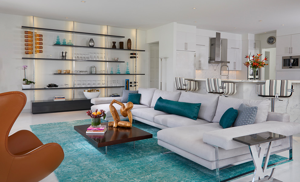 Idee per un soggiorno design aperto con sala formale, pareti bianche e pavimento grigio