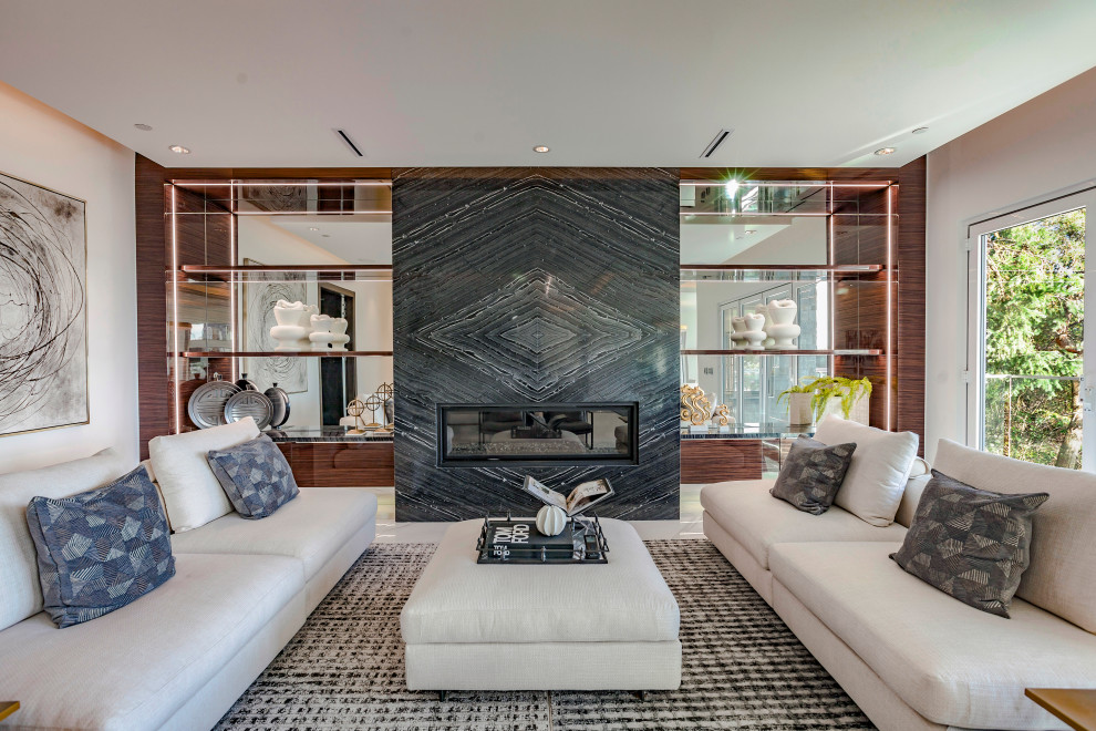 Large contemporary formal open plan living room in Vancouver with white walls, a ribbon fireplace, a stone fireplace surround, no tv and white floors.
