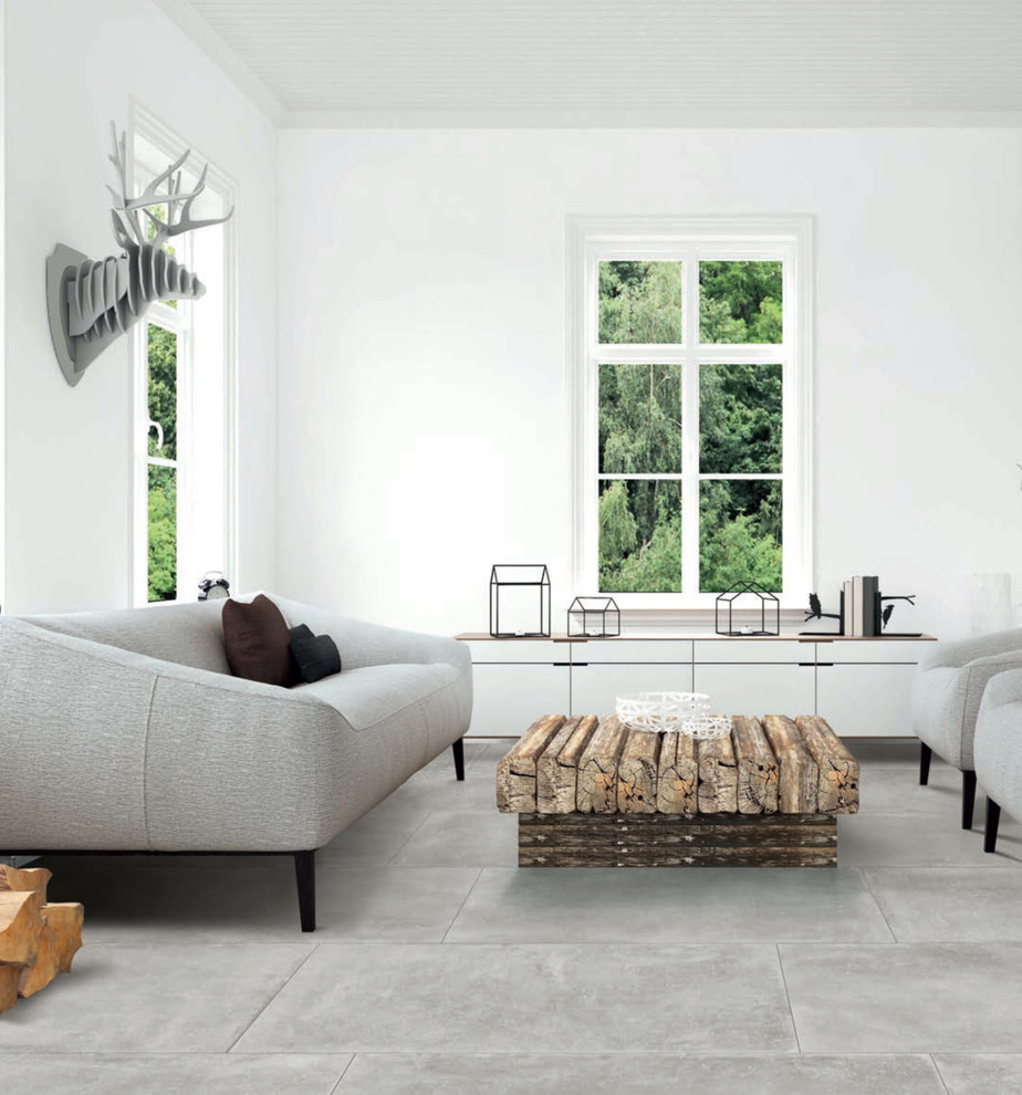 Idées déco pour un salon contemporain de taille moyenne avec un mur blanc, un sol en carrelage de porcelaine et un sol gris.
