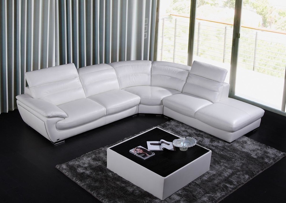 Contemporary White Leather Sectional Sofa with Retractable Headrests Modern Living Room
