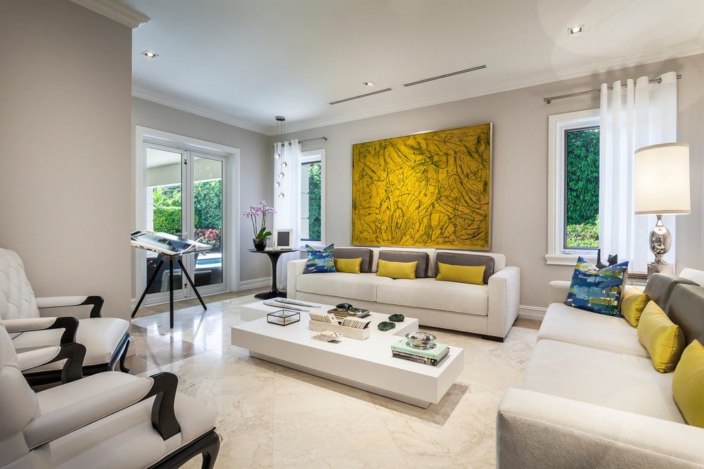 Großes, Repräsentatives, Fernseherloses, Abgetrenntes Modernes Wohnzimmer ohne Kamin mit Marmorboden und grauer Wandfarbe in Miami