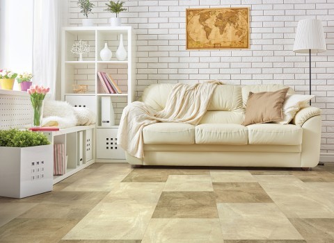 Esempio di un soggiorno classico di medie dimensioni e chiuso con pavimento in vinile, pareti bianche e pavimento beige