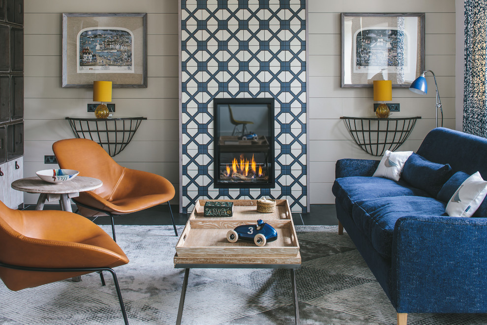Example of a small 1960s formal living room design in Other with gray walls, a tile fireplace and no tv