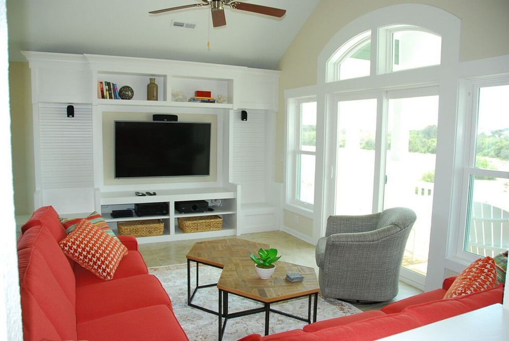 Идея дизайна: парадная, открытая гостиная комната среднего размера в морском стиле с желтыми стенами, полом из керамической плитки и телевизором на стене без камина