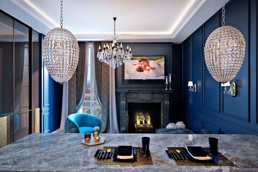 На фото: открытая гостиная комната среднего размера в классическом стиле с синими стенами, полом из керамической плитки, стандартным камином, фасадом камина из камня, телевизором на стене и коричневым полом