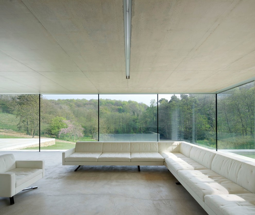 Ejemplo de salón minimalista con suelo de cemento