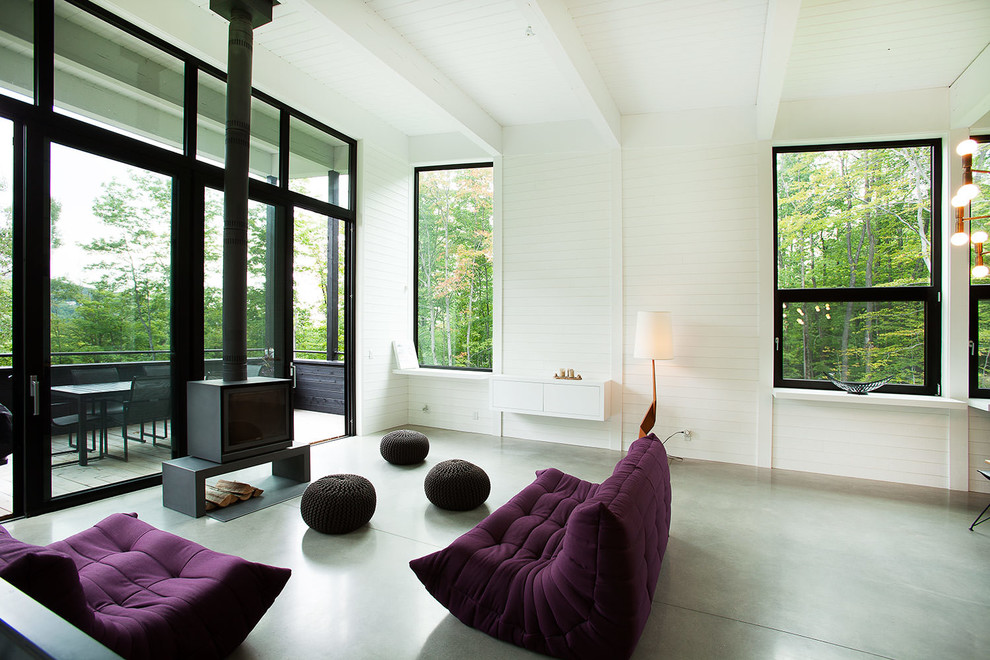 Imagen de salón contemporáneo sin televisor con paredes blancas, suelo de cemento y chimeneas suspendidas