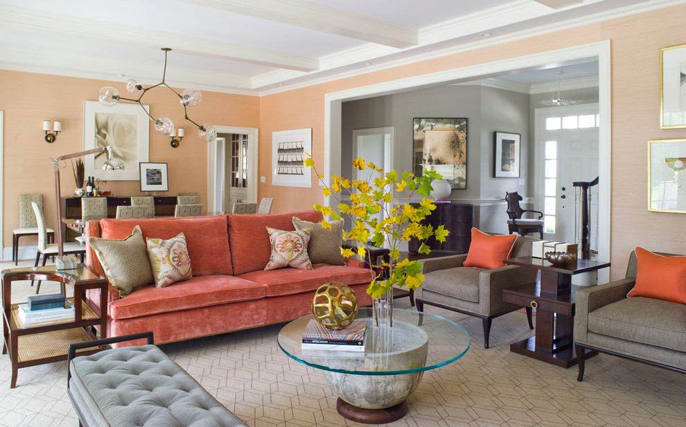 Example of a large trendy enclosed beige floor living room design in Dallas with orange walls
