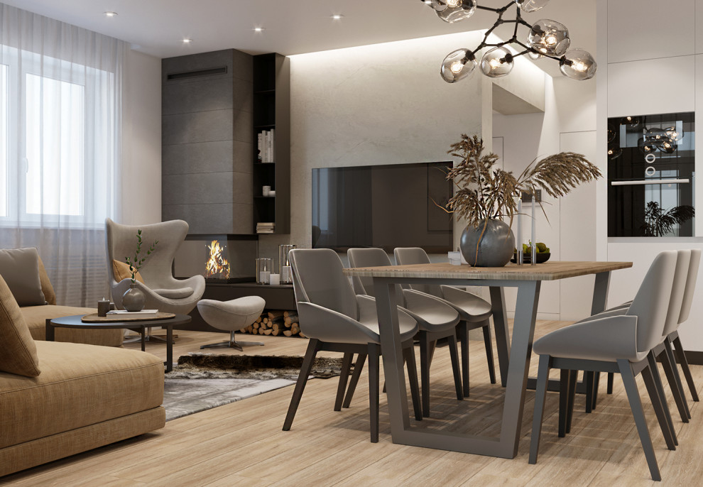 Design ideas for a large modern formal open plan living room in Other with grey walls, laminate floors, a corner fireplace, a stone fireplace surround, a built-in media unit, yellow floors, a wood ceiling and wallpapered walls.