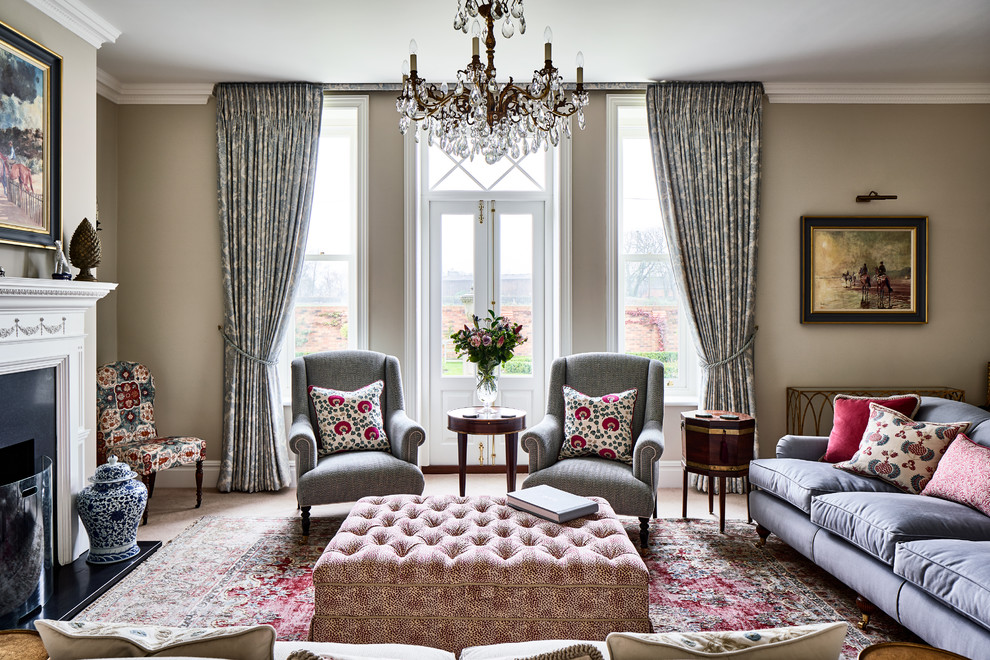 This is an example of a classic formal living room curtain in Cheshire with grey walls and a standard fireplace.
