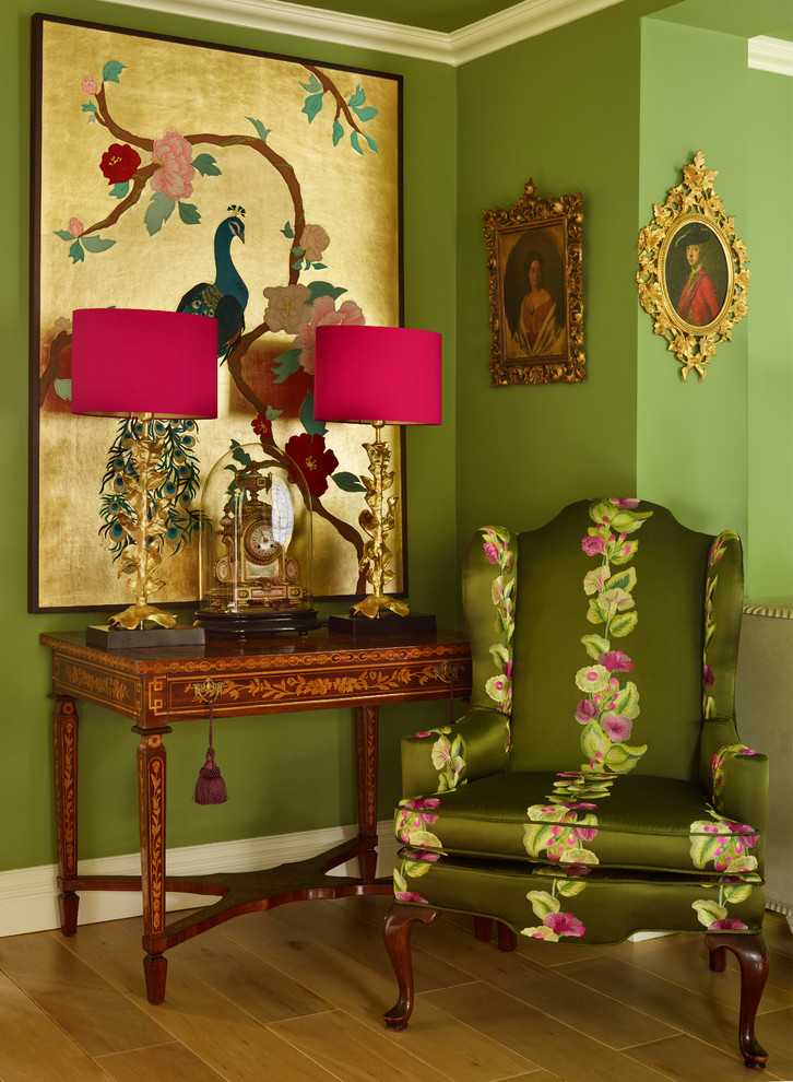 Mid-sized eclectic formal medium tone wood floor living room photo in Cheshire with green walls
