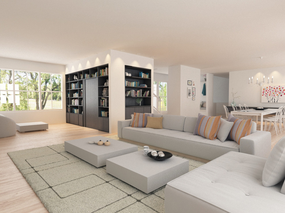 Cette image montre un grand salon design ouvert avec un mur blanc, parquet clair, une cheminée standard et un sol marron.