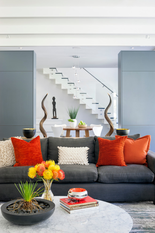 Inspiration for a contemporary living room remodel in Boston with gray walls