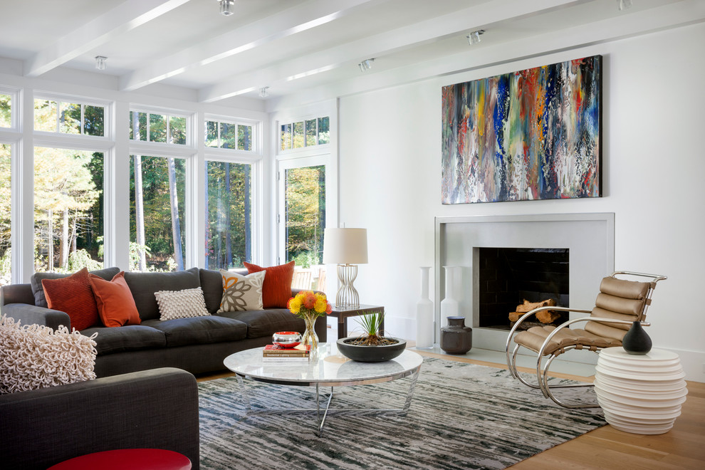 Inspiration for a contemporary living room in Boston with white walls and a standard fireplace.
