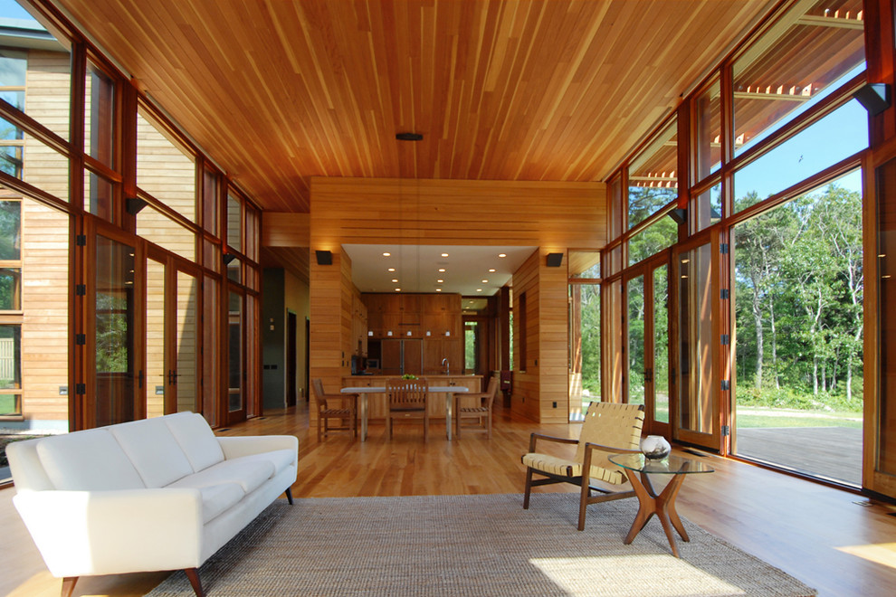Design ideas for a modern open plan living room in Providence.