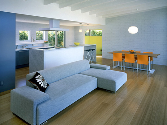 Foto di un grande soggiorno minimalista aperto con pareti blu, parquet chiaro, nessun camino e pavimento marrone