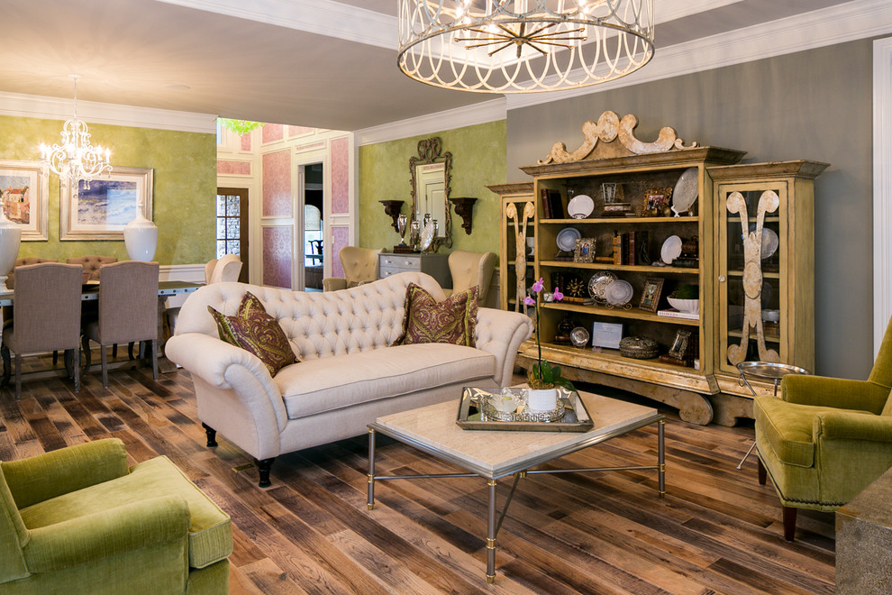 Example of a classic open concept living room design in Louisville with gray walls
