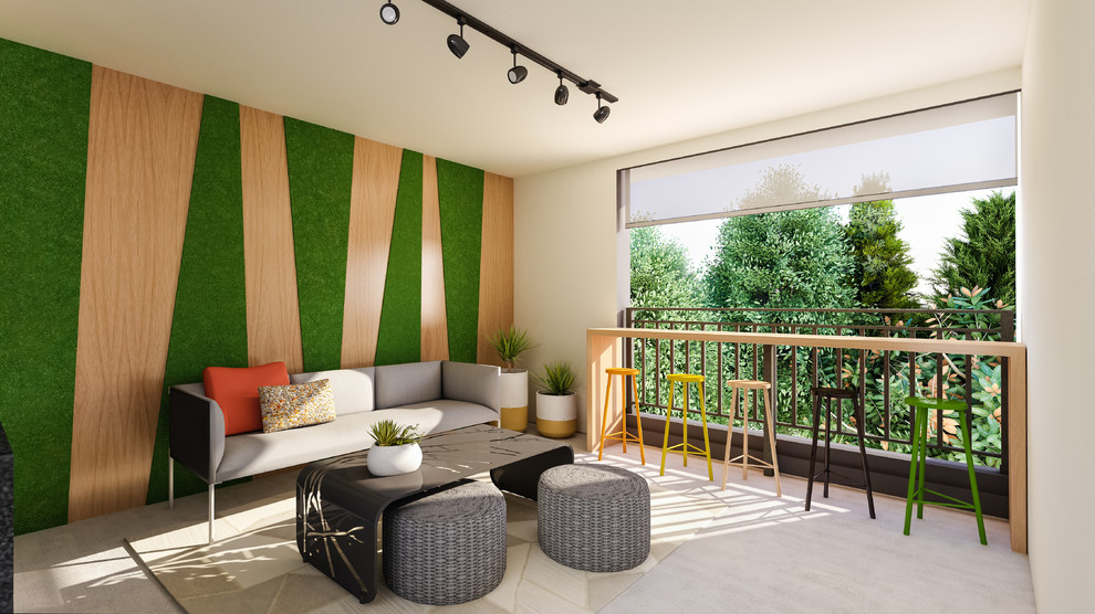 Стильный дизайн: открытая гостиная комната среднего размера в стиле модернизм с бежевыми стенами, бетонным полом и серым полом без телевизора - последний тренд