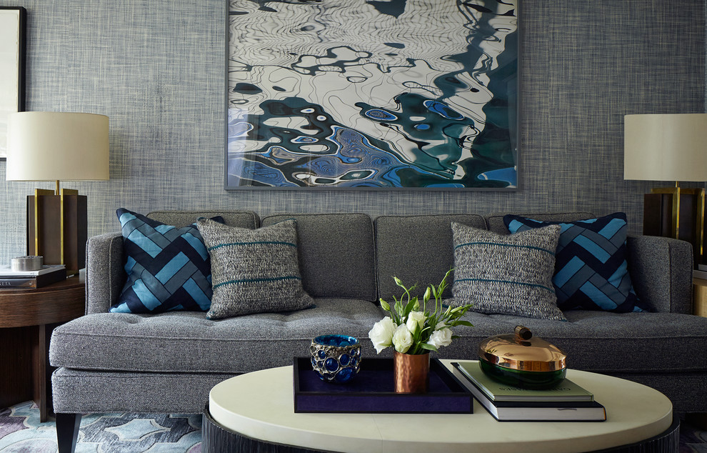 Mittelgroßes Modernes Wohnzimmer mit blauer Wandfarbe, Teppichboden und buntem Boden in San Francisco