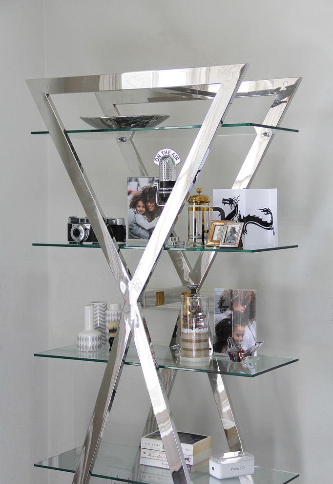 Creatively Displayed Chrome & Glass Shelves Eclectic Living Room