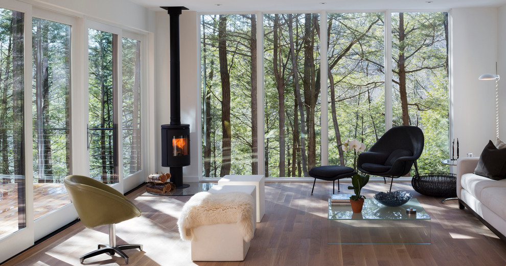Idee per un soggiorno minimal di medie dimensioni con pareti bianche, parquet scuro e stufa a legna