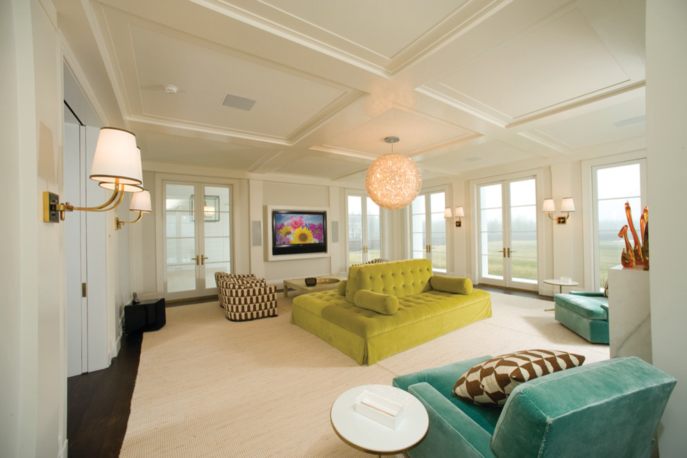 Photo of an expansive contemporary living room in New York with a wall mounted tv.