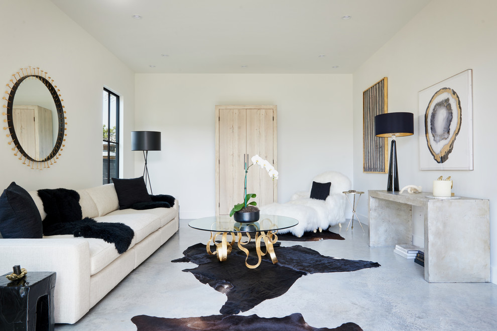 Inspiration för mellanstora klassiska separata vardagsrum, med ett finrum, vita väggar och betonggolv