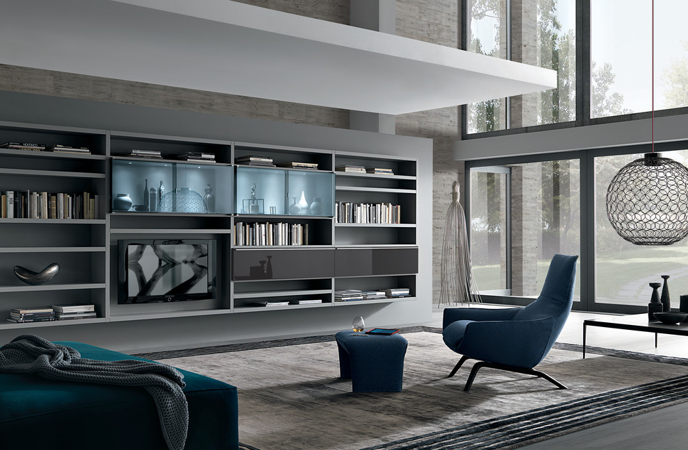 Inspiration for a large modern enclosed living room in Miami with a reading nook, grey walls, dark hardwood flooring, no fireplace and a built-in media unit.