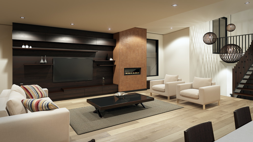 Foto de salón abierto moderno grande con paredes marrones, suelo de madera clara, todas las chimeneas, marco de chimenea de yeso y televisor colgado en la pared