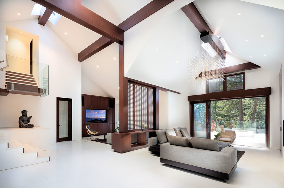 Photo of a large contemporary open plan living room in Other with white walls and a built-in media unit.