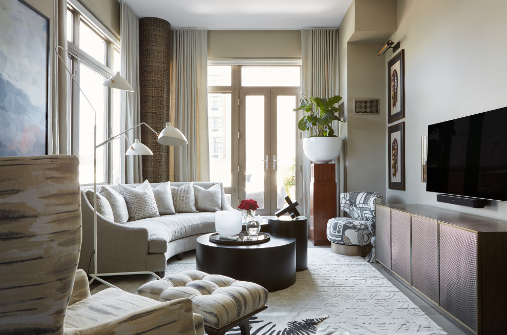 Example of a mid-sized trendy open concept light wood floor and gray floor living room design in New York with gray walls, no fireplace and a wall-mounted tv
