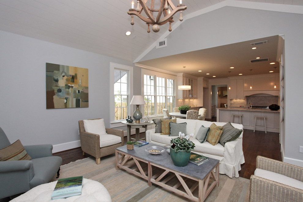 This is an example of a contemporary open plan living room in Atlanta with grey walls.