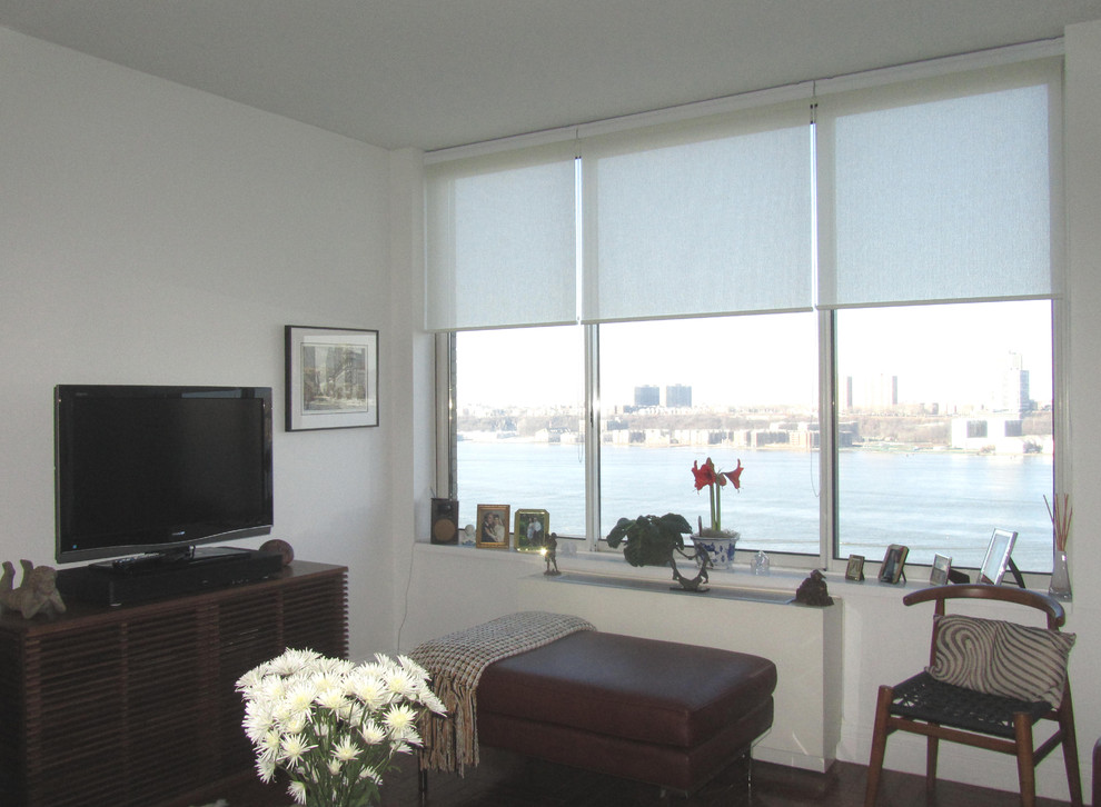 Exempel på ett mellanstort modernt vardagsrum, med en fristående TV, vita väggar och mellanmörkt trägolv