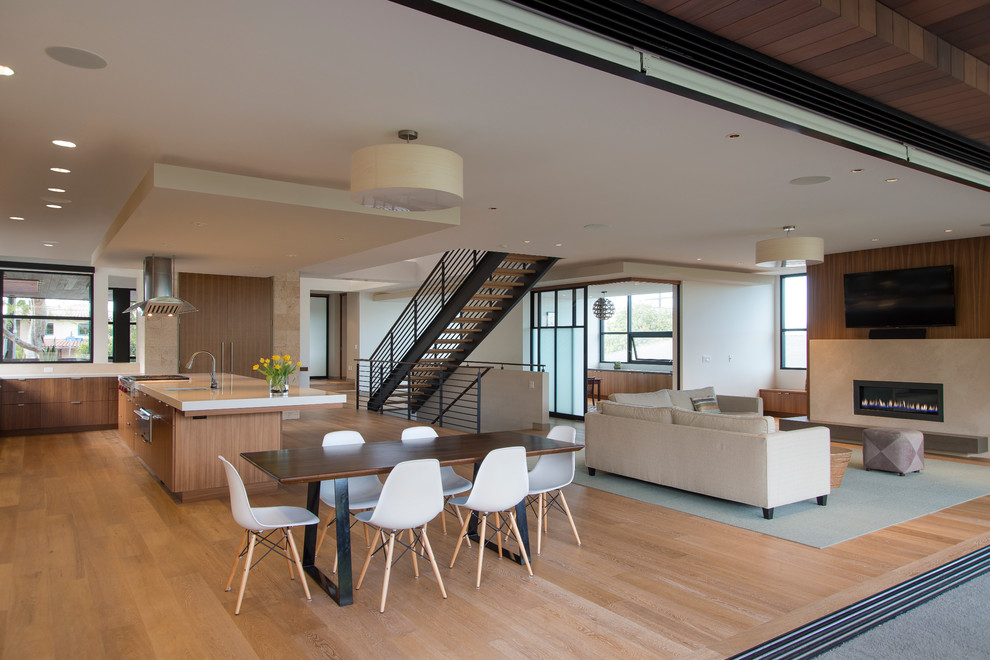 Offenes Modernes Wohnzimmer mit hellem Holzboden, TV-Wand und Gaskamin in Los Angeles