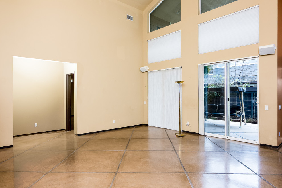 Esempio di un grande soggiorno design aperto con sala formale, pareti beige, pavimento in cemento, camino bifacciale, cornice del camino in pietra e pavimento beige