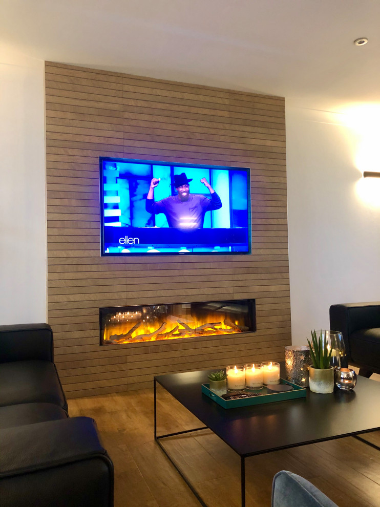 Custom Created Fireplace Media Wall. Contemporary Living Room