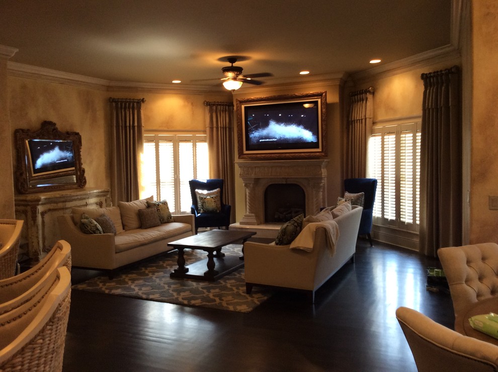This is an example of a medium sized traditional formal open plan living room in Other with beige walls, vinyl flooring, a standard fireplace, a stone fireplace surround and no tv.