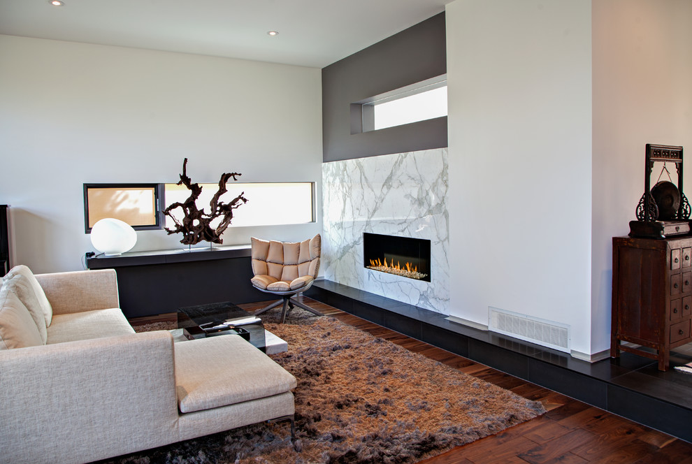 Großes, Repräsentatives Modernes Wohnzimmer mit weißer Wandfarbe, braunem Holzboden, Gaskamin und Kaminumrandung aus Stein in Calgary