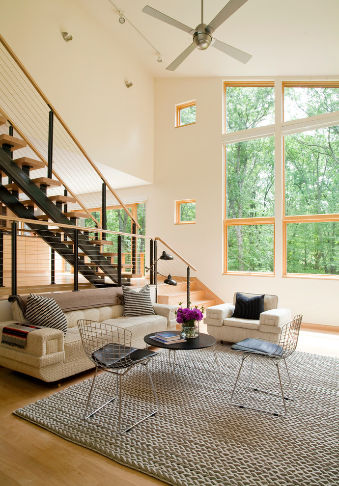 Modernes Wohnzimmer mit weißer Wandfarbe und braunem Holzboden in Boston