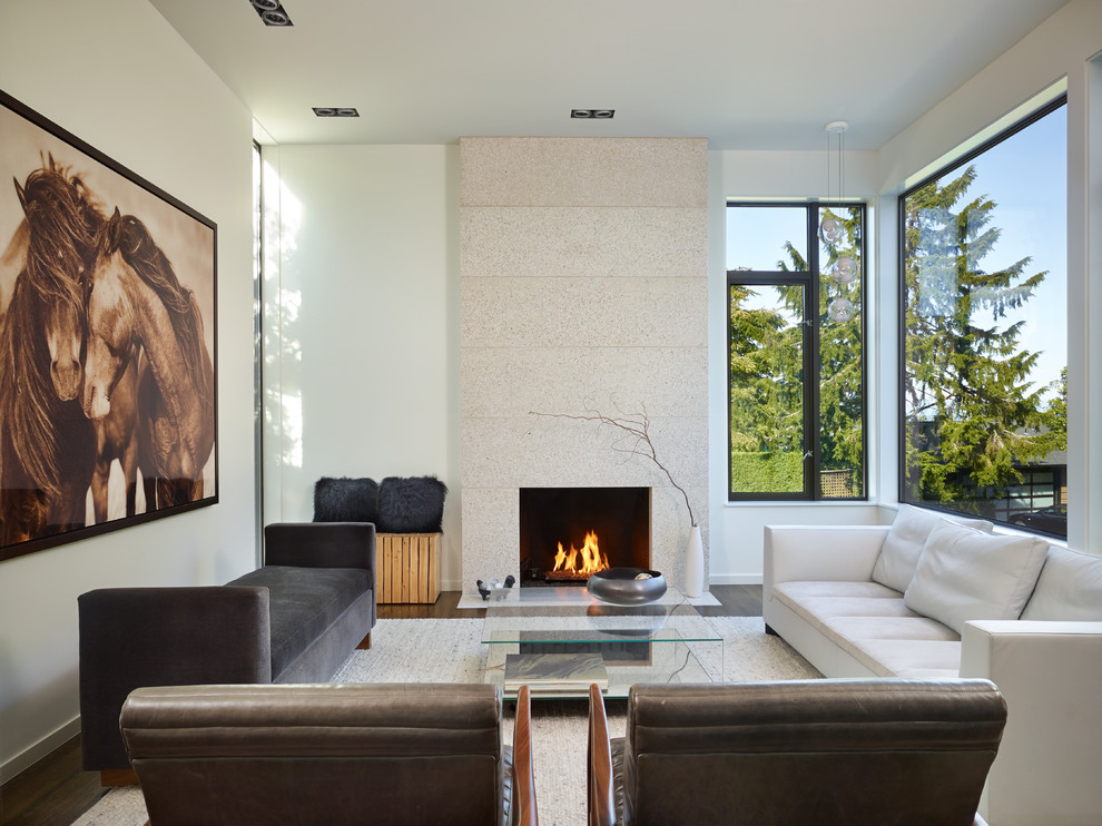 This is an example of a modern living room in Seattle with white walls, dark hardwood flooring and a standard fireplace.