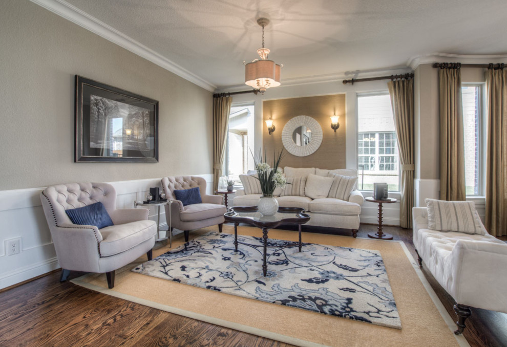 Medium sized classic formal living room in San Diego with brown walls, dark hardwood flooring and brown floors.