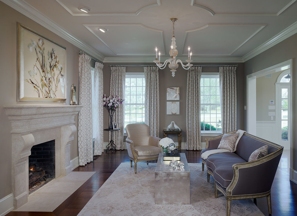 Example of a large classic formal and enclosed medium tone wood floor and brown floor living room design in Philadelphia with a standard fireplace, brown walls and a stone fireplace