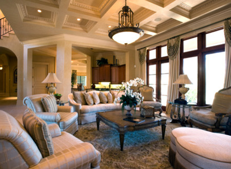 Exemple d'un grand salon chic ouvert avec une salle de réception, un mur beige et aucun téléviseur.