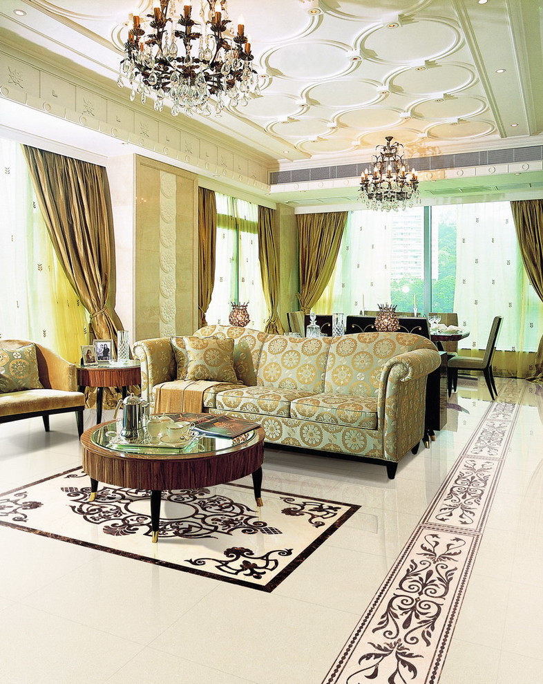Foto di un ampio soggiorno chic chiuso con sala formale, pareti beige e pavimento in marmo