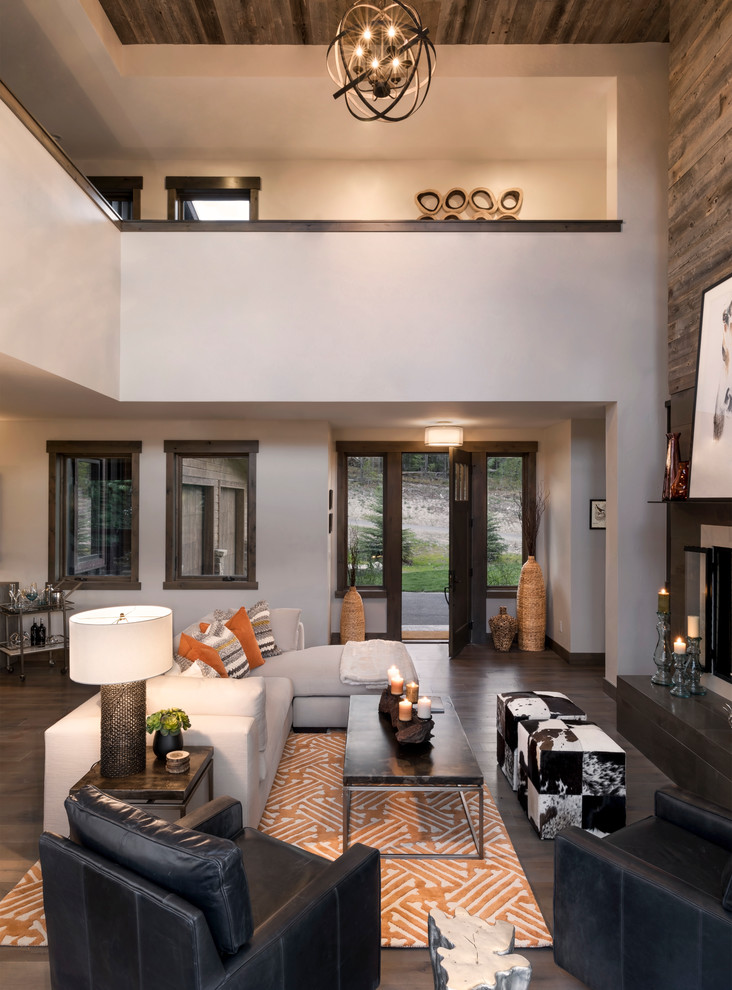 Example of a large minimalist open concept porcelain tile living room design in Seattle