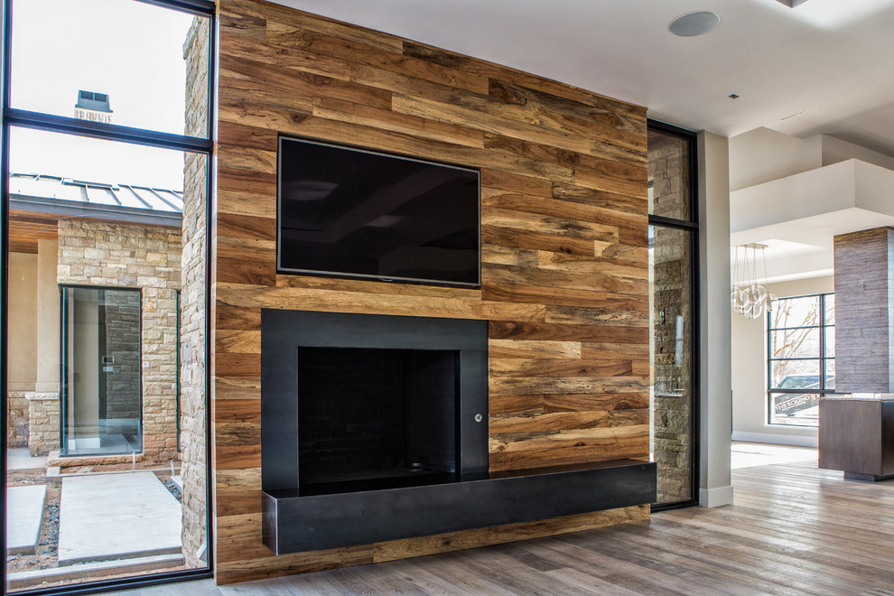 Custom pecan wall w fireplace and tv Contemporary Living Room